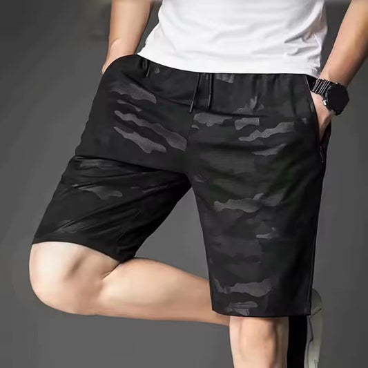 Summer Men Shorts Mid-Rise Elastic Waistband Drawstring Pockets Beach Shorts Camouflage Print Fitness Straight Male Shorts