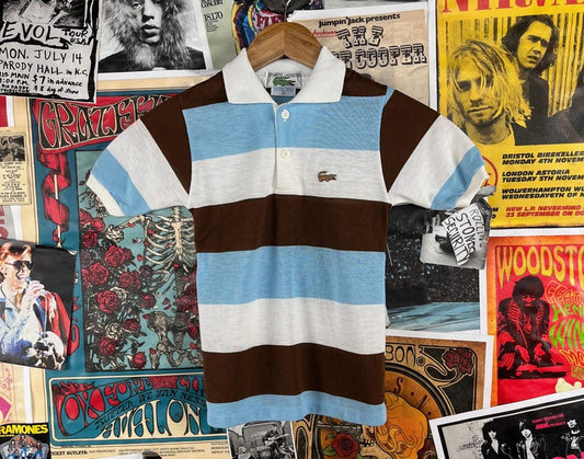 Vintage Kids 80s Blue Brown & White Striped Short Sleeve Lacoste Polo Shirt Size 10 Age 8-9, Retro Boys Preppy Nautical Streetwear Clothing
